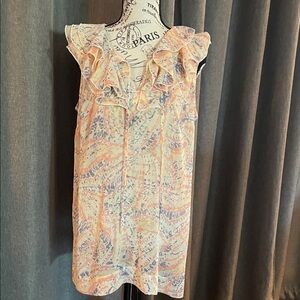 CAbi Ruffled Sleeveless - Pastel Peach, yellow, cream, purple muted colors